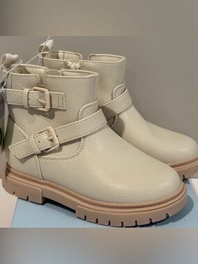 Cat & Jack Evie Cream Buckle Moto Boots Shoes Zip Toddler Girl 11